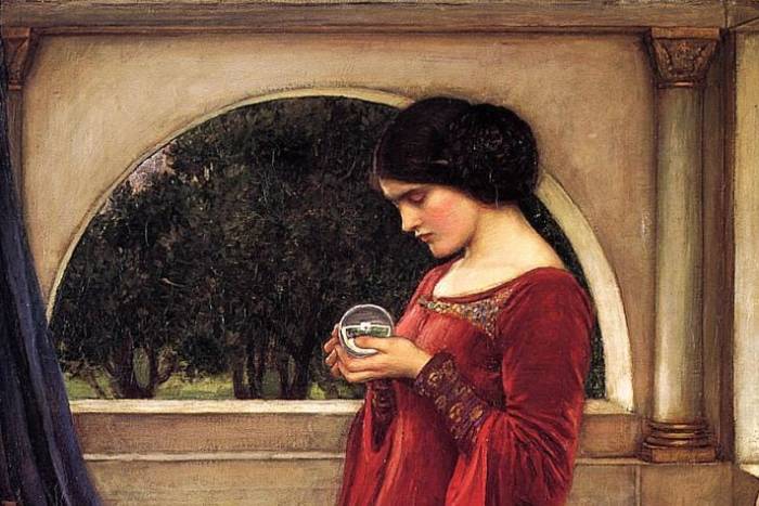 Painting of a woman holding a glass orb