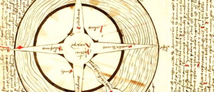 Medieval sketch of a compass with Latin writing.